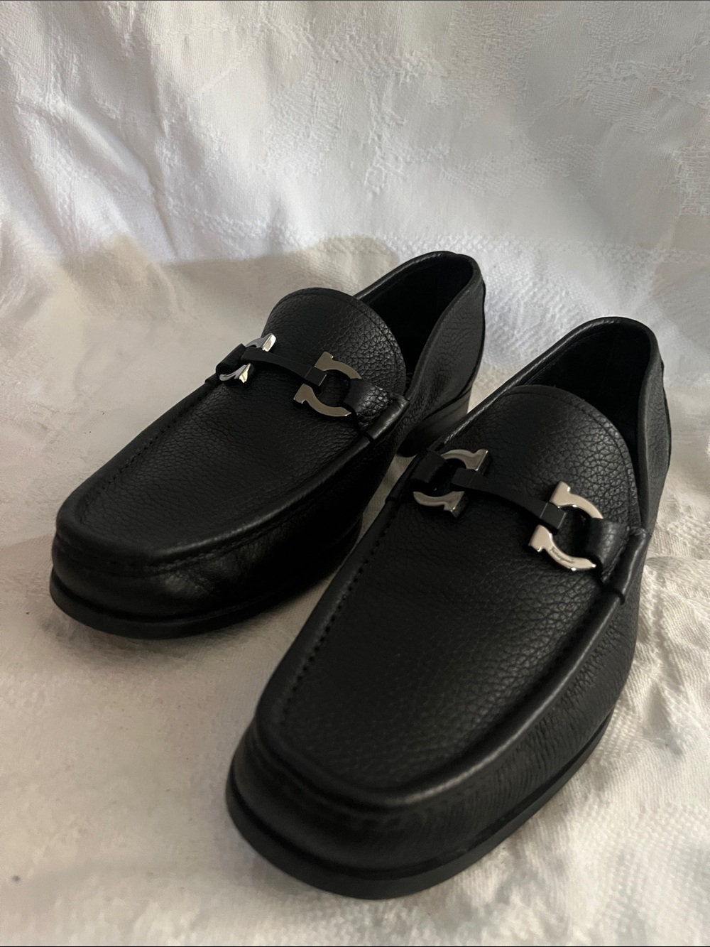 Salvatore Ferragamo Black Pebble Calf Leather Bit Loafers